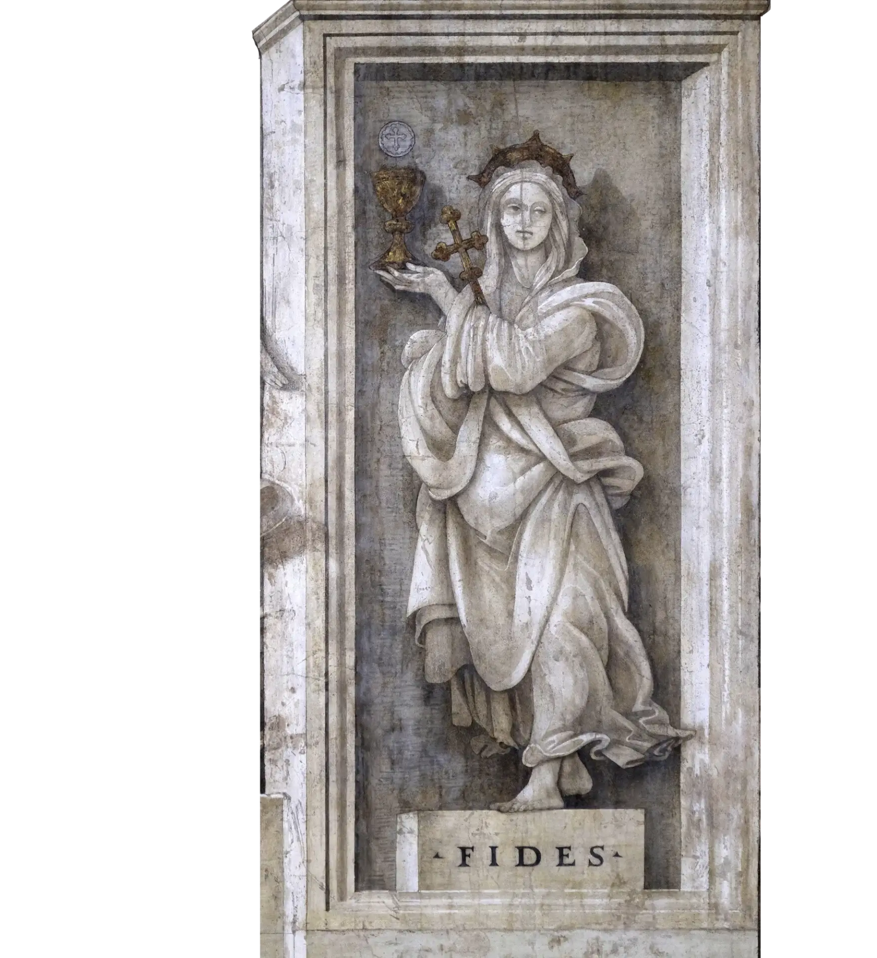 Sculpted figure holding a small object, labeled 'FIDES'.