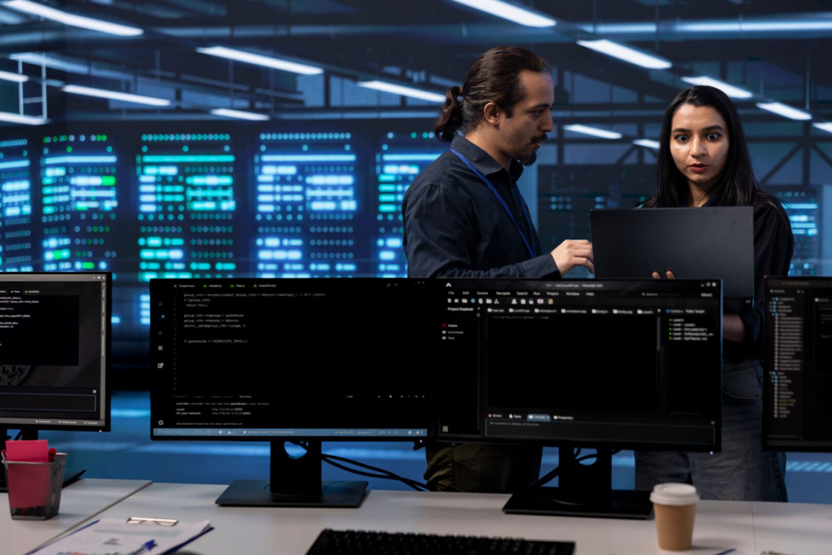 Programmers analyzing code on monitors